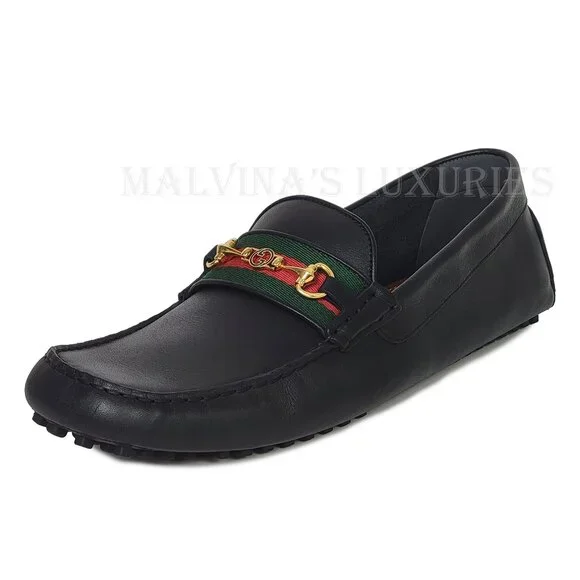 GUCCI SHOES MENS BLACK LEATHER HORSEBIT LOGO DRIVER LOAFERS w WEB sz 13 13.5 - Picture 5 of 16